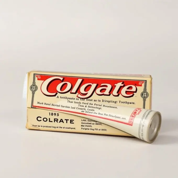 Embalagem histórica do primeiro creme dental Colgate em tubo, produto da empresa fundada por William Colgate que praticava a divisão de dízimos