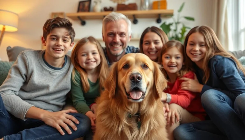 Família feliz com Golden Retriever em ambiente doméstico