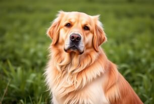 Golden Retriever adulto com pelagem dourada brilhante em um campo verde