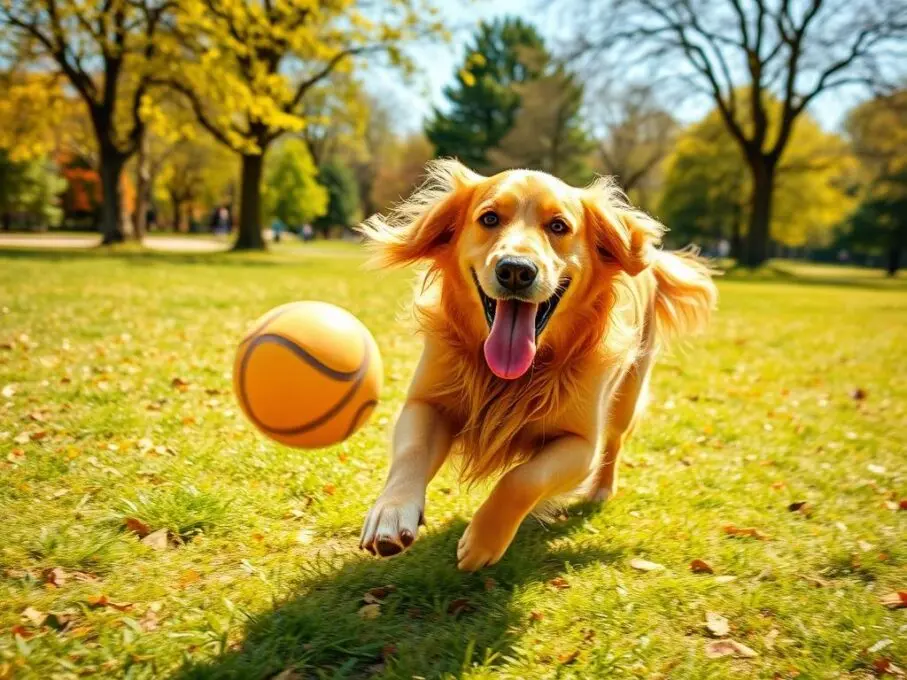 Golden Retriever brincando em um parque com uma bola