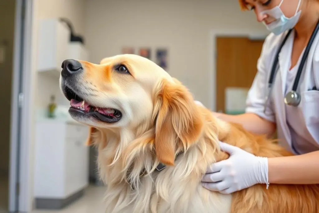 Golden Retriever em consulta veterinária