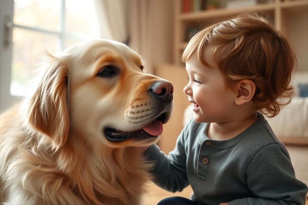 Golden Retriever interagindo carinhosamente com uma criança Golden Retriever interagindo carinhosamente com uma criança