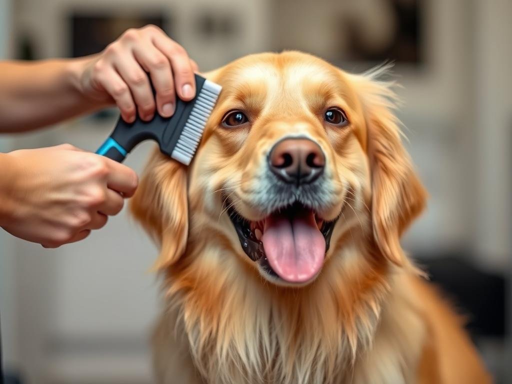 Golden Retriever sendo escovado com escova apropriada Golden Retriever sendo escovado com escova apropriada