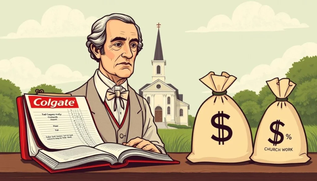Ilustração conceitual mostrando William Colgate dividindo seus lucros para dízimos e obras de caridade, representando sua crença e divisão de dízimos