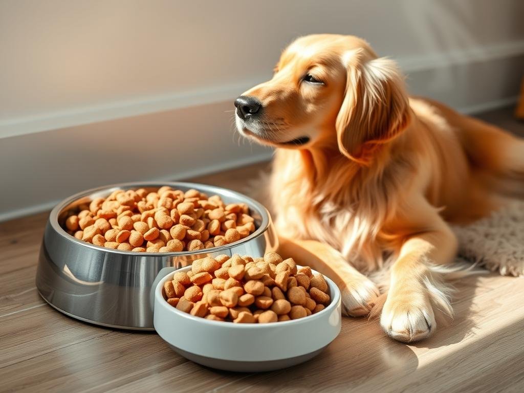 Tigela de ração premium para Golden Retriever ao lado de um pote de água Tigela de ração premium para Golden Retriever ao lado de um pote de água